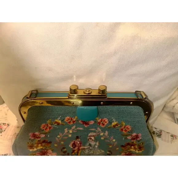 SHOWPIECE! NEVER USED VINTAGE 50's TEAL NEEDLEPOINT & PETITPOINT LEATHER BAG - Picture 14 of 14
